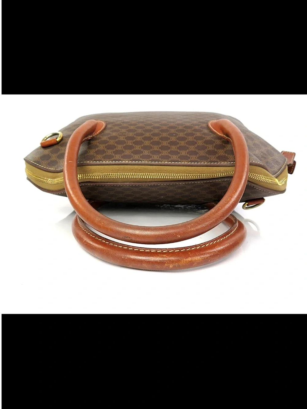 Celine Brown Patterned Dome Satchel with Tan Leather Handles